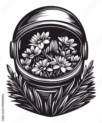 Astronaut Helmet Engraving with Flowers and Natural Elements