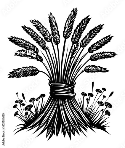 Vintage Black and White Engraving of Wheat Sheaves and Grasses
