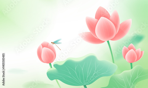 Cartoon style horizontal illustration of dragonflies standing on lotus flowers
