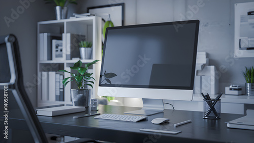 Wallpaper Mural Modern office interior with a desk featuring a computer monitor and keyboard in a bright, empty room for business work Torontodigital.ca