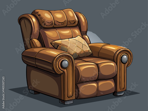 A professional vector of a brown leather recliner with plush cushions and side handle, placed on a deep gray background, relaxing and ergonomic design