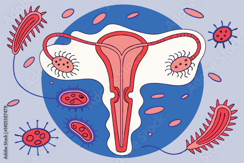 93 Female reproductive system anatomy, microbiome diversity, colorful bacteria and microorganisms, scientific illustration, detailed medical diagram, vibrant colors, surreal biological art, microscopi