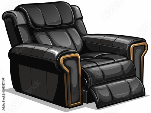 A high-quality vector illustration of a black recliner sofa with adjustable backrest and footrest, isolated on a white background, functional and padded