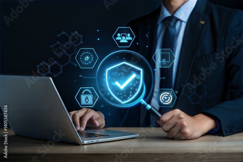 Photorealistic futuristic cybersecurity interface, holographic shield icon with checkmark, magnifying glass over digital data, blue glowing UI elements, professional in formal business attire