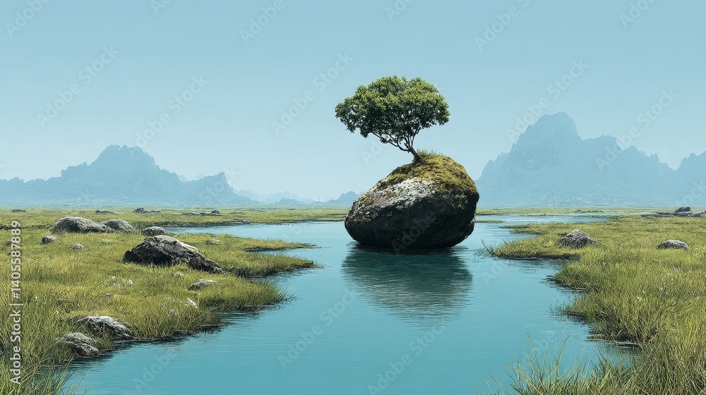 Lone tree growing on mossy rock in calm wetland surrounded by mountains and blue sky