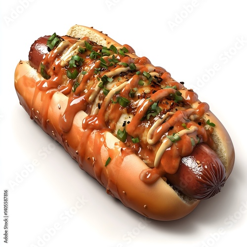 Juicy hotdog nestled in a soft bun is adorned with sauces on a white background