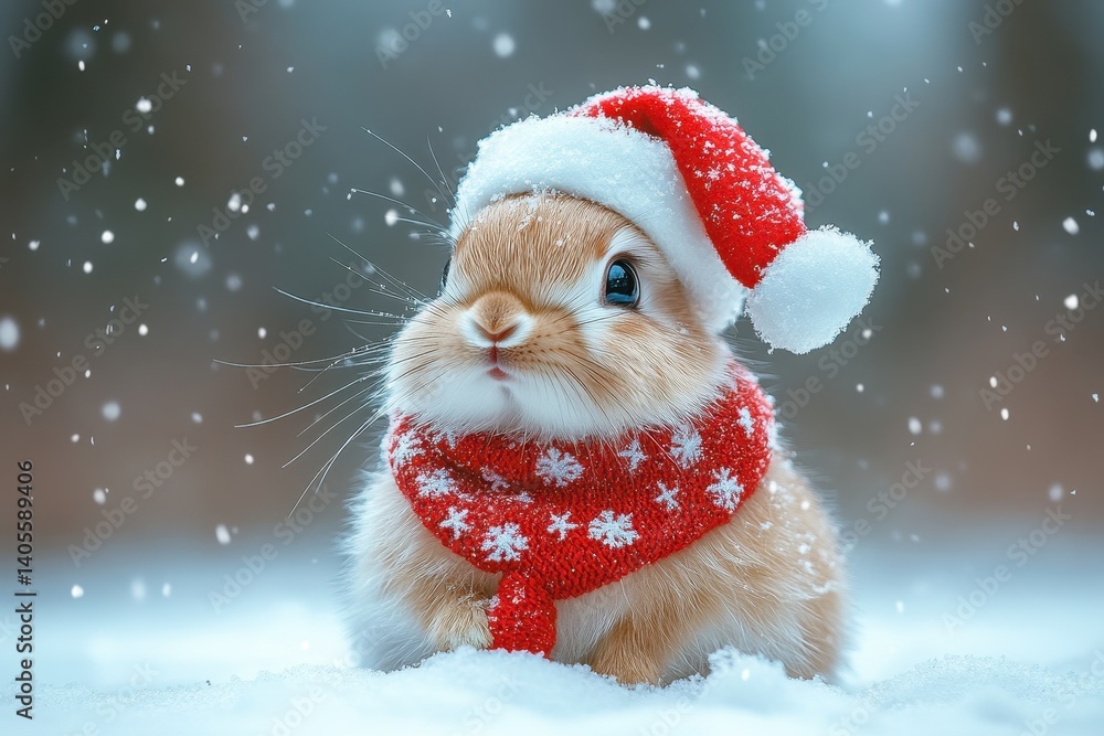 Cute bunny wearing Christmas hat and scarf in the snowy landscape during winter season Cute bunny wearing Christmas hat and scarf in the snowy landscape during winter season