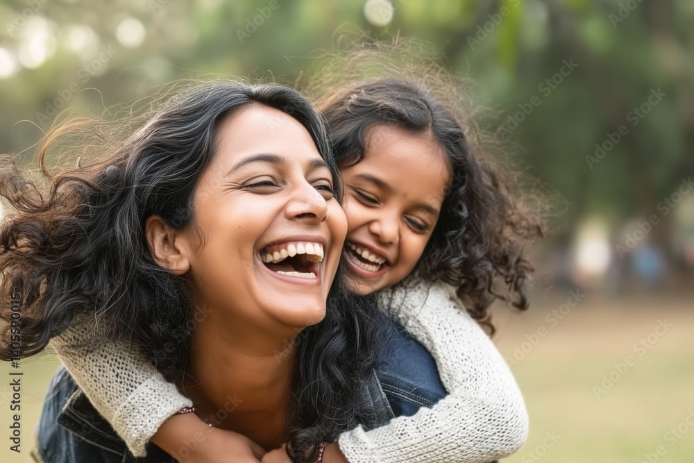 Obraz premium Happy indian mother having fun with her daughter outdoor - Family people and love concept - Focus on mum face