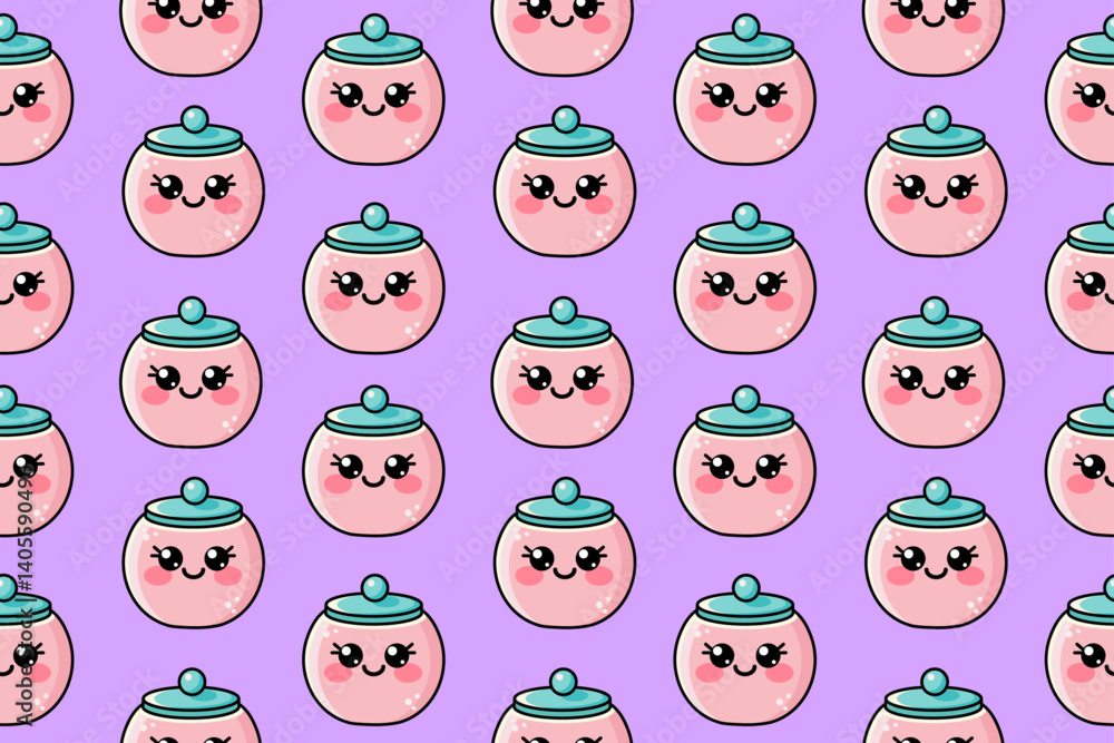 Seamless pattern with cute kawaii pink candy sugar bowl on purple background Seamless pattern with cute kawaii pink candy sugar bowl on purple background