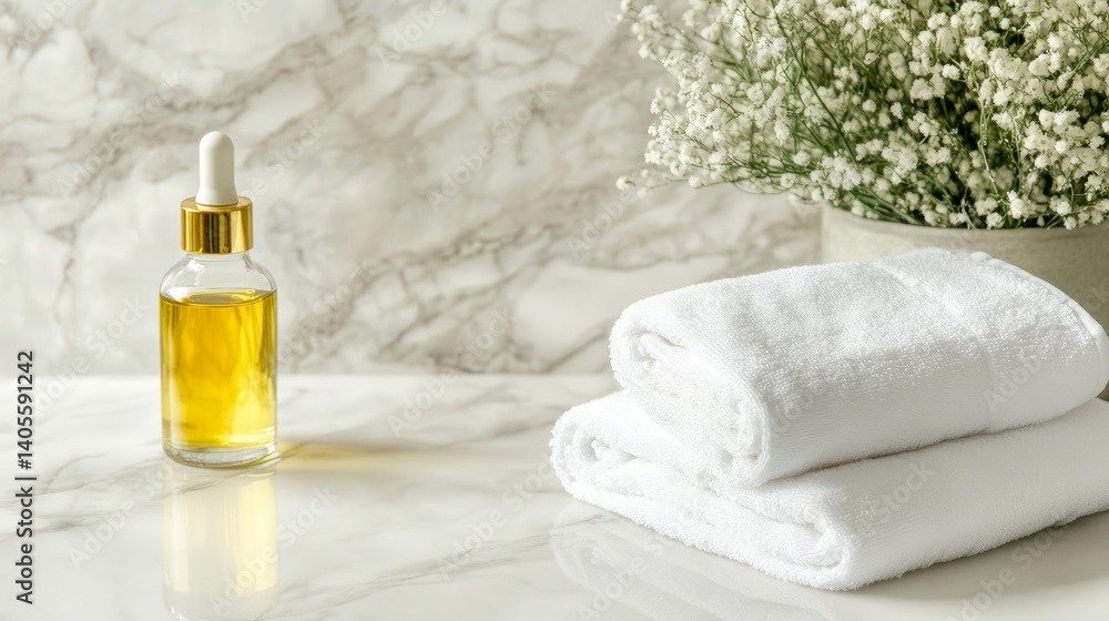 Neatly folded spa towel beside aromatic oil bottle, minimalist relaxation and serenity
Neatly folded spa towel beside aromatic oil bottle, minimalist relaxation and serenity