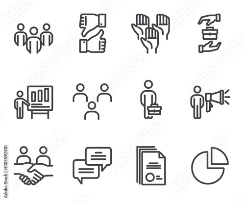 Business people boss employee team working together. Business success teamwork concept. Flat lined thin isolated icon set