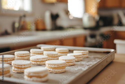 Homemade layered cookies on a baking sheet in a kitchen. photo