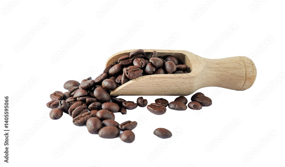 Fototapeta premium Coffee beans with wooden scoop on white background.