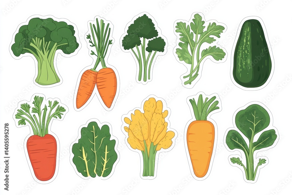 Cute flat vegetable sticker sheet featuring a variety of colorful produce arranged neatly for creative projects and decor ideas Cute flat vegetable sticker sheet featuring a variety of colorful produce arranged neatly for creative projects and decor ideas