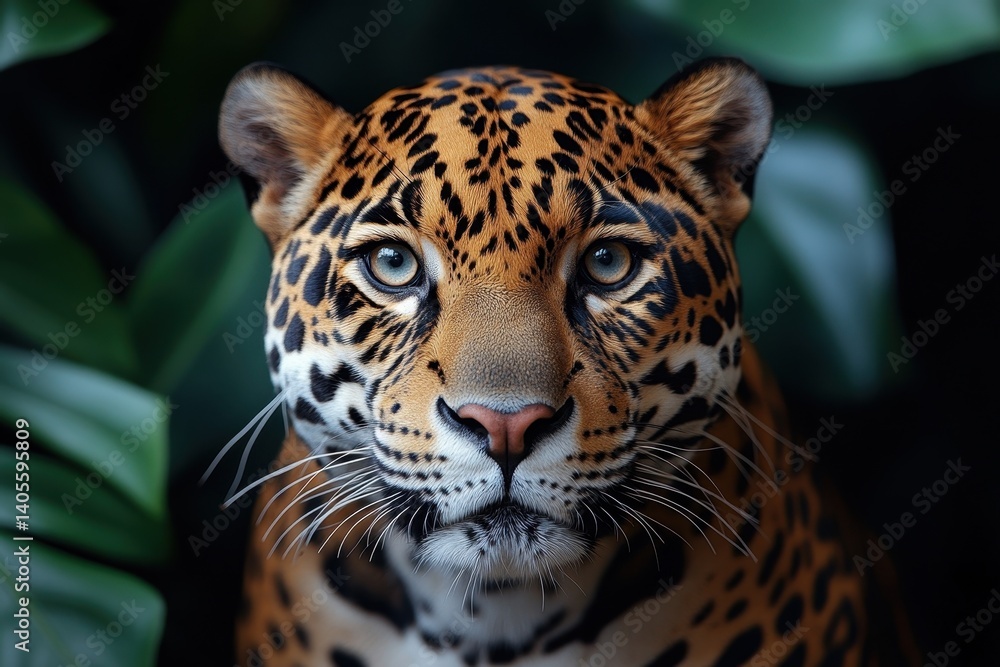 Fototapeta premium Majestic jaguar resting among lush green foliage in a tranquil setting during daylight hours