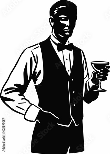Nicely groomed gentleman in a vest holding a glass of drink. Black and white vintage woodcut style vector illustration.