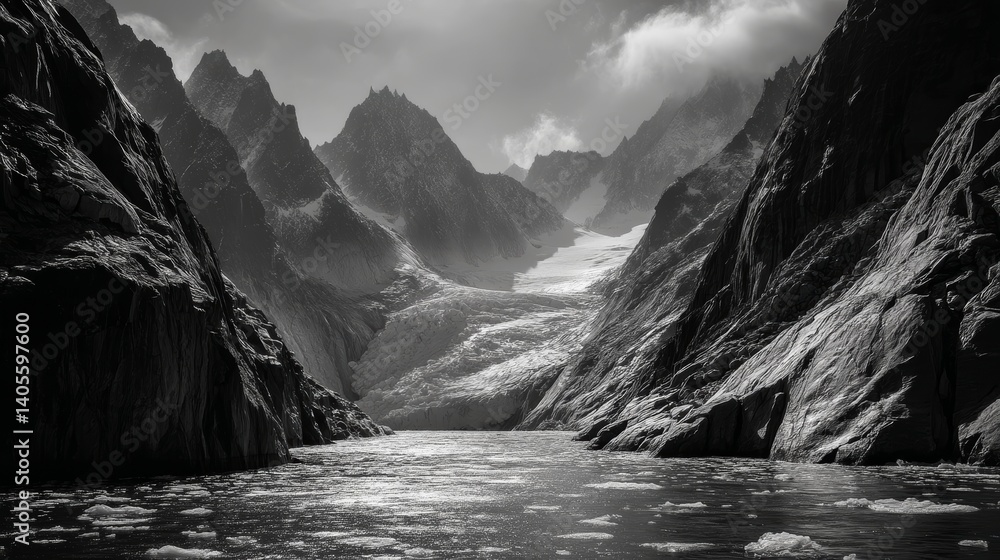 Stark monochrome landscape of glacier descending into icy river beneath towering cliffs