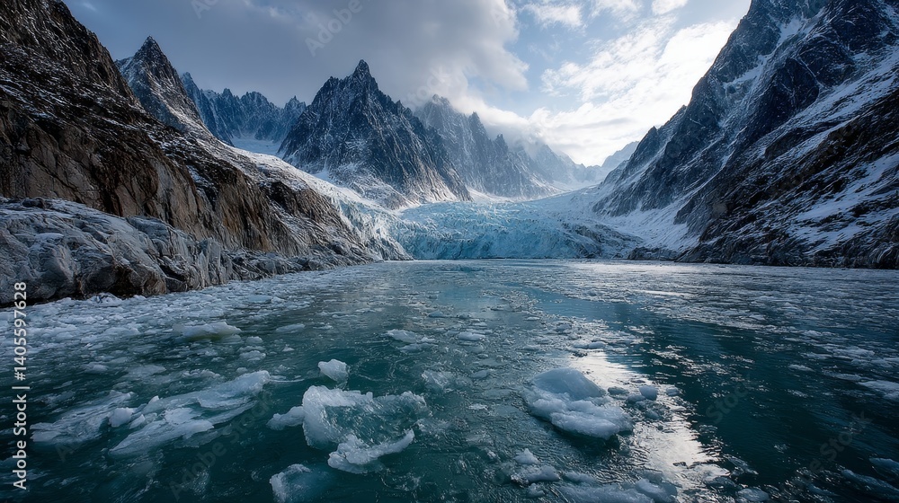 Frozen lake at the foot of jagged glacier peaks under cloudy sky in early spring thaw