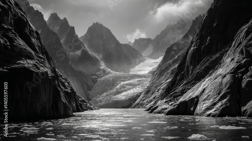 Obraz na płótnie Stark monochrome landscape of glacier descending into icy river beneath towering cliffs w salonie