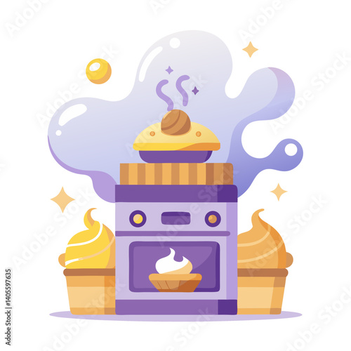 Sweet treats baking in a whimsical kitchen, a purple oven with golden cupcakes, warm pastel hues.