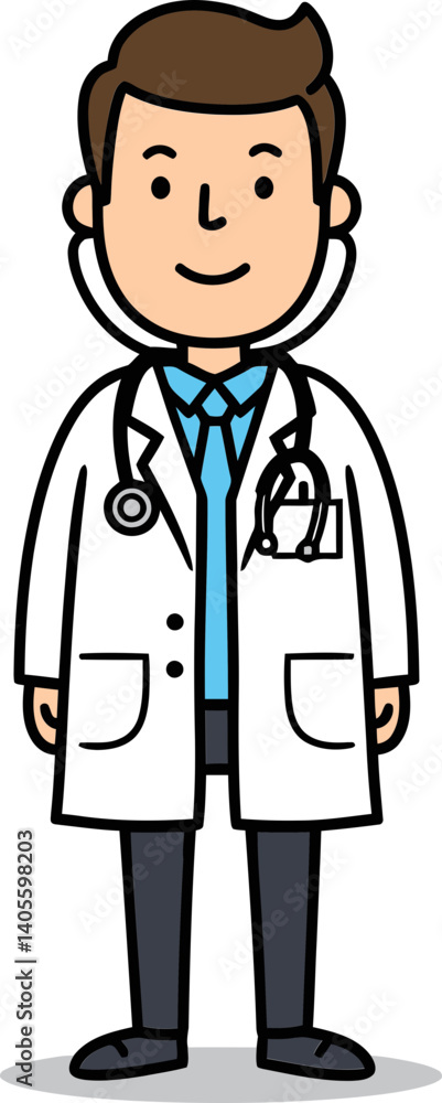 Doctor illustration: A friendly, approachable doctor stands ready to provide care, equipped with a stethoscope around his neck. His confident expression and tidy attire convey competence and empathy. Doctor illustration: A friendly, approachable doctor stands ready to provide care, equipped with a stethoscope around his neck. His confident expression and tidy attire convey competence and empathy.