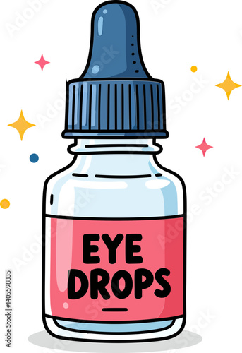 Eye Drop Bottle: A cute illustration of an eye drop bottle with a pink label and blue dropper. The illustration has a bubbly and colorful design and stars in the background.