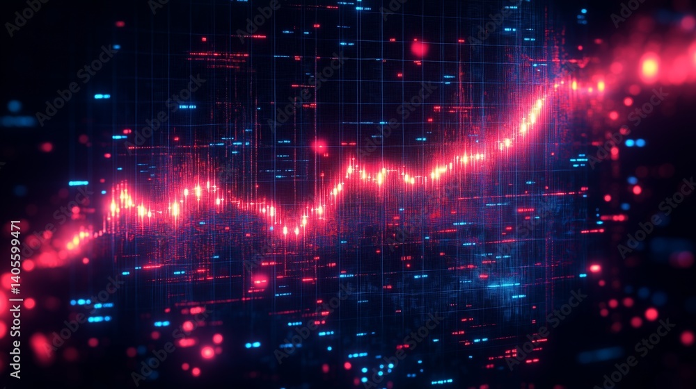 Obraz premium Digital Ascent: A Vibrant Data Stream Climbing Against a Dark Grid with Pulsating Red and Blue Signals