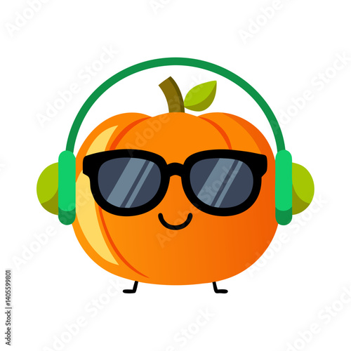 A groovy pumpkin rocking out with headphones and shades, enjoying the autumn vibes in a playful, minimalist style.