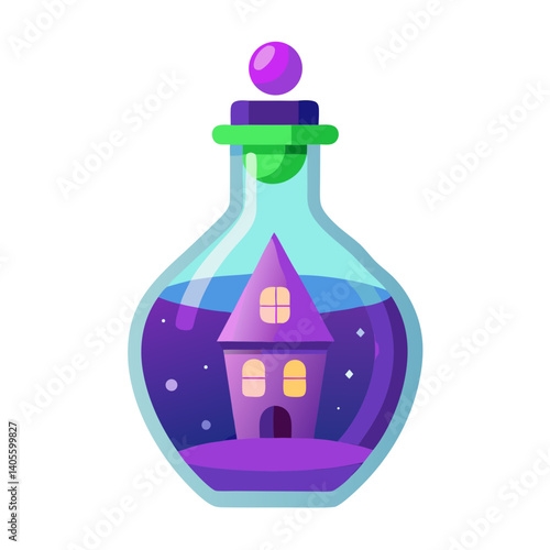 A miniature house nestled in a vibrant purple potion inside a glass bottle, glowing warmly under a starry night, topped with a purple sphere.