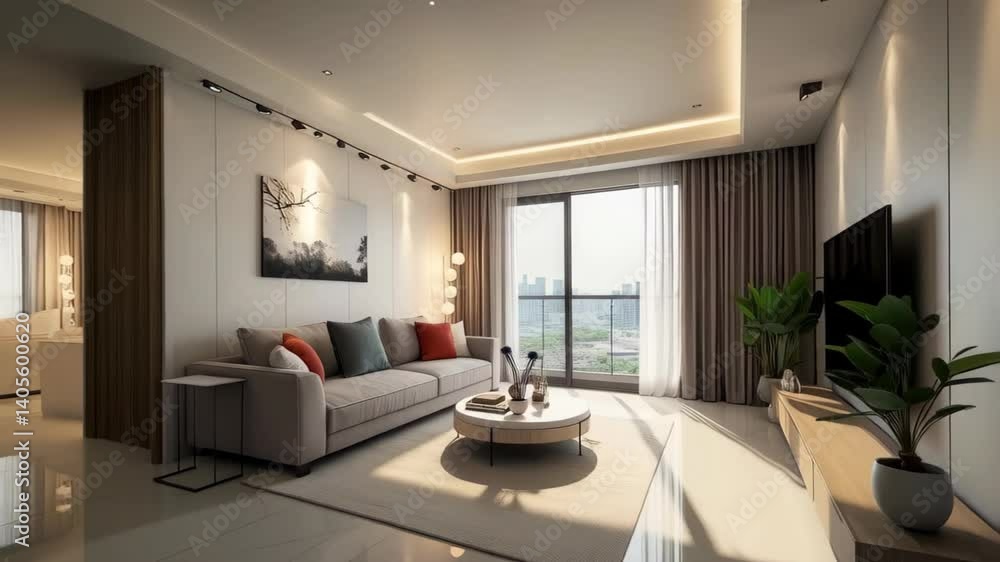 Showcase bright and modern living room with city view and new home interior decorating Showcase bright and modern living room with city view and new home interior decorating