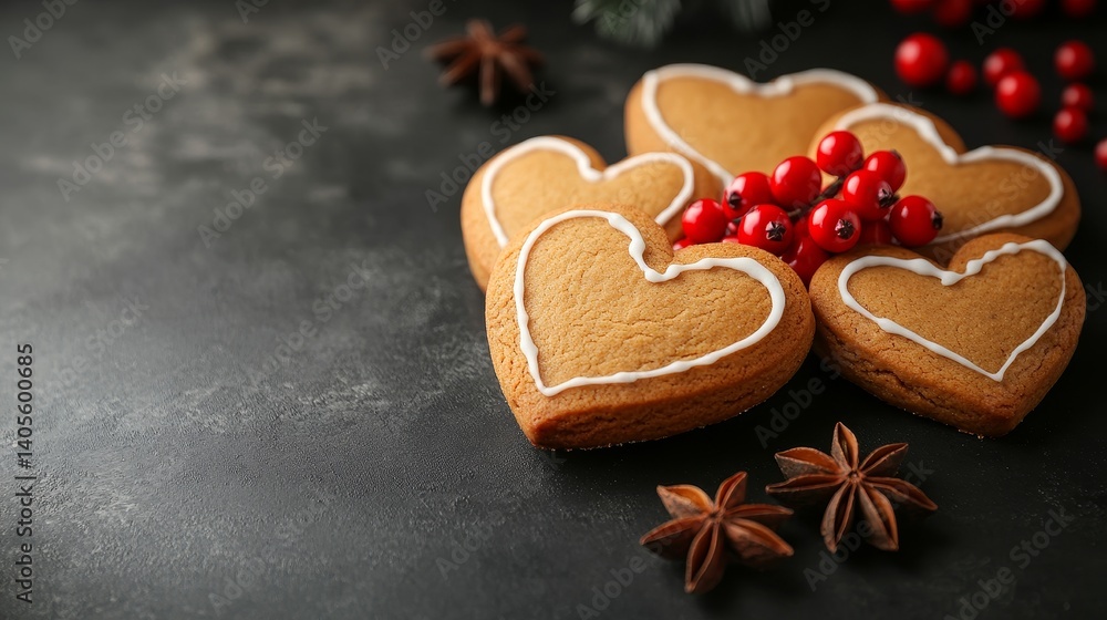 Heart-shaped cookies on a textured background are adorned with snowflakes during winter Heart-shaped cookies on a textured background are adorned with snowflakes during winter