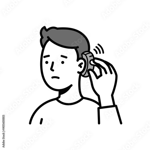 Hearing Aid Adjustment: A man adjusts his hearing aid, his expression reflecting contemplation and potential concern.