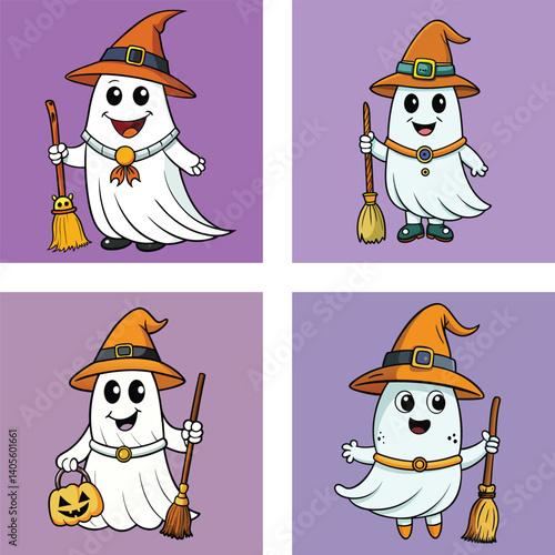 Halloween Cartoon Ghosts With Witch Hats And Broomsticks Set On Lilac Background