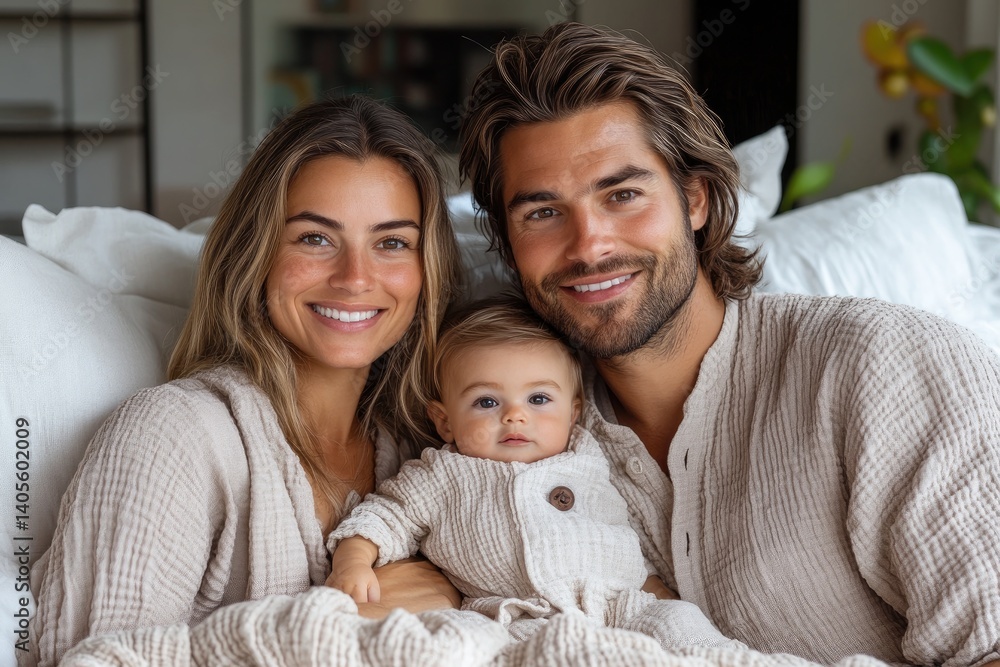 Fototapeta premium Happy family portrait with mother, father, and baby smiling at the camera in a light-filled setting