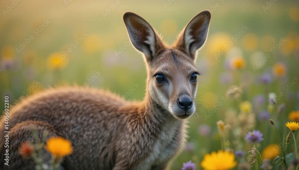 Fototapeta premium Golden Hour Wallaby: Serene Portrait Amidst Wildflowers