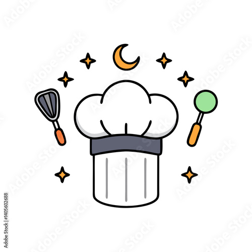 A whimsical chef's hat under a crescent moon, surrounded by stars and cooking tools, symbolizing nighttime culinary magic with simple line art and bright colors.