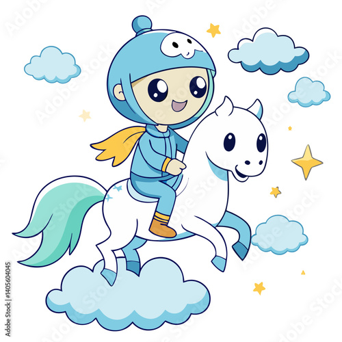 A cheerful child soaring through a dreamy sky on a fluffy white steed, a whimsical journey among playful clouds and twinkling stars with a vibrant, cartoonish style.