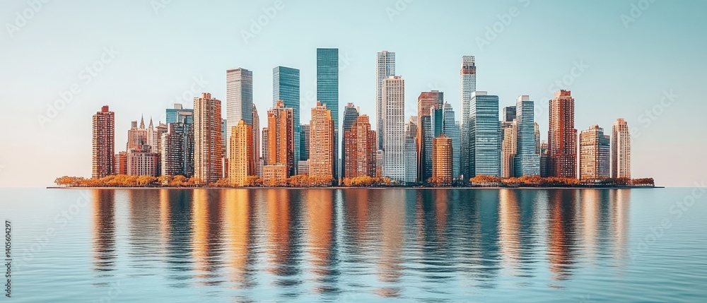 Obraz premium Cityscape reflecting on water skyscrapers, autumn trees, serene, bright blue sky, calm water
