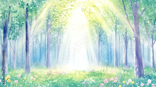 光差し込む新緑の森風景