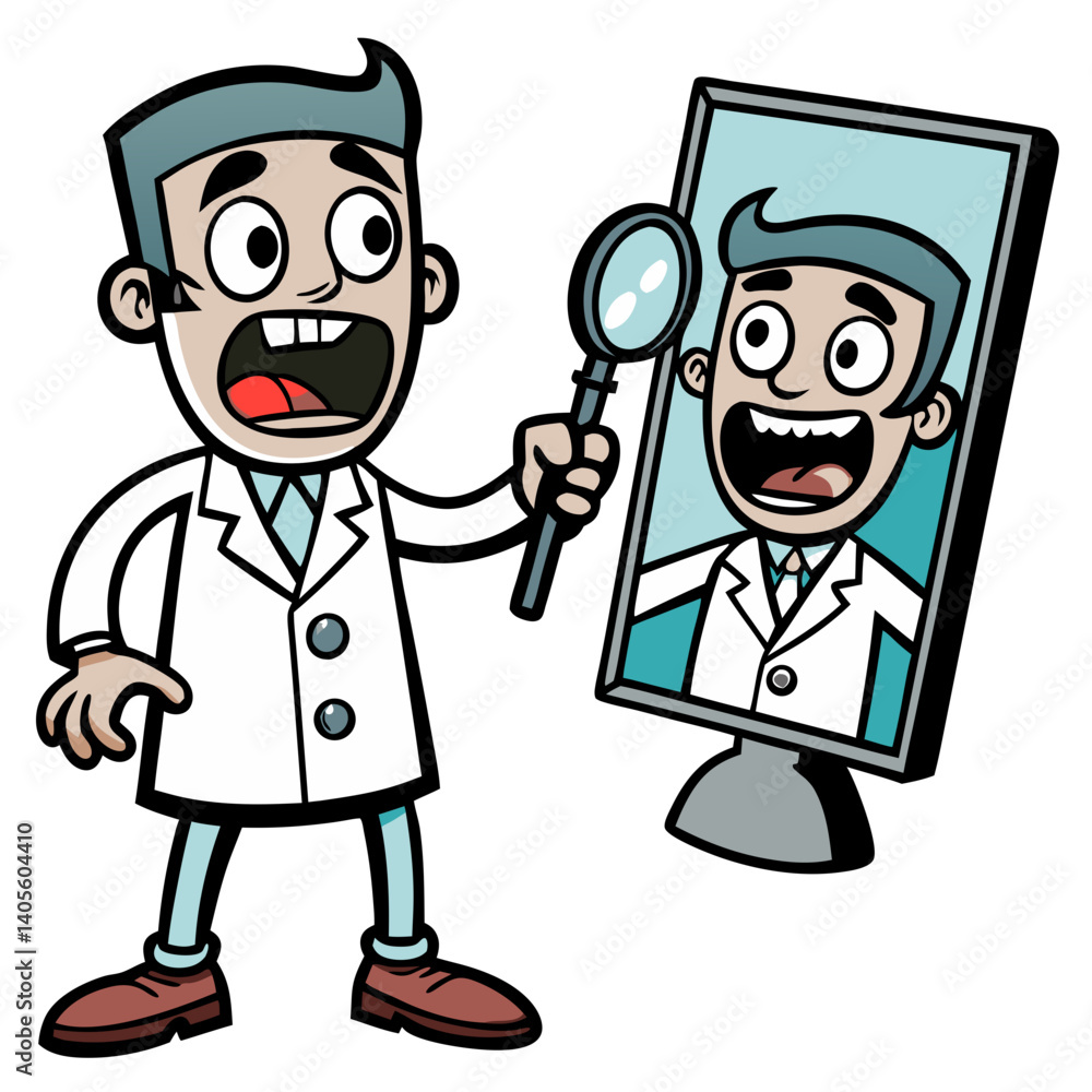A startled doctor examines his own magnified image on a screen, a humorous cartoon depiction of self-reflection with bold outlines and bright colors. A startled doctor examines his own magnified image on a screen, a humorous cartoon depiction of self-reflection with bold outlines and bright colors.