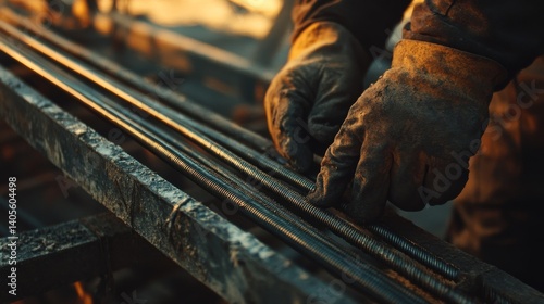 Ironworker adjusting steel rods for concrete reinforcement. Featuring precision and strength