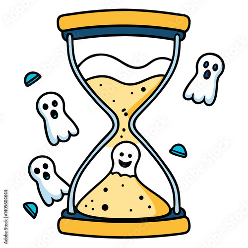 Playful ghosts playfully escaping an hourglass of time, a whimsical Halloween countdown with bold outlines and bright yellow sand.
