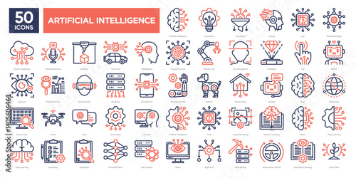 Artificial intelligence icons collection set, featuring machine learning, robotics, smart tech, and data science. Great for tech presentations, apps, and futuristic designs.