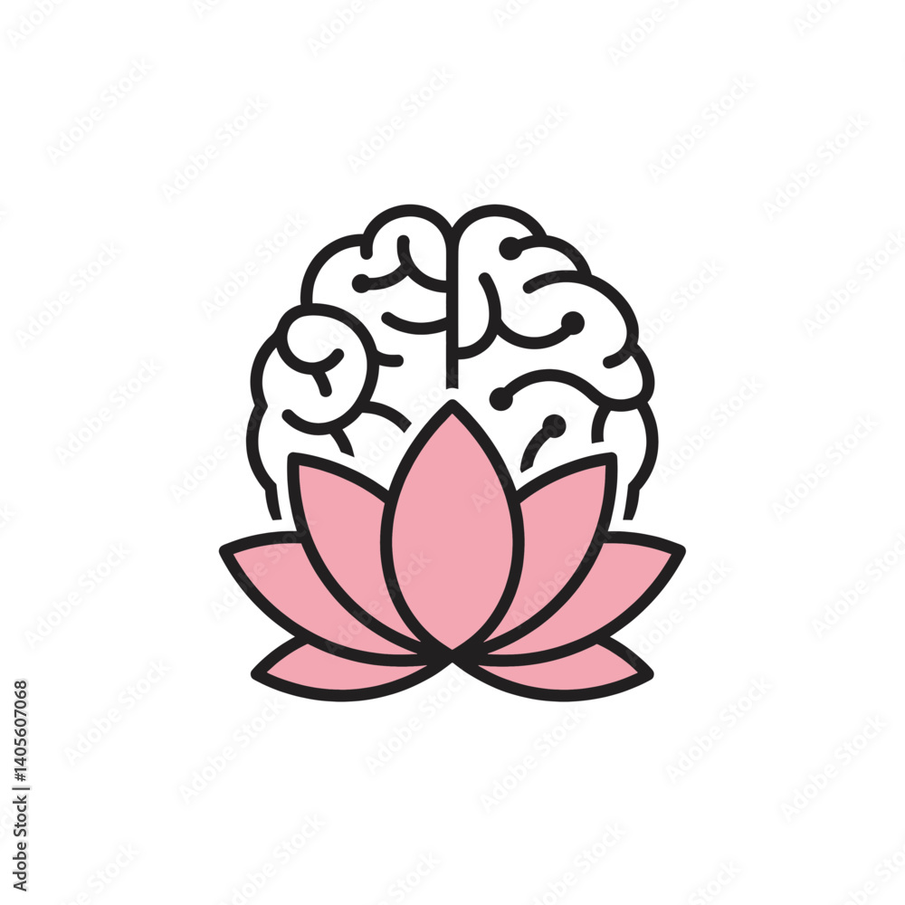 Brain and Lotus: A conceptual illustration depicting the human brain merging with a lotus flower, symbolizing the balance between mind and serenity, perfect for meditation, mental wellness. Brain and Lotus: A conceptual illustration depicting the human brain merging with a lotus flower, symbolizing the balance between mind and serenity, perfect for meditation, mental wellness.