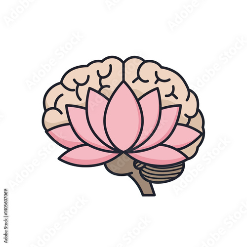 Mindful Blossom: A symbolic illustration of a serene and awakened mind. A delicate lotus flower blooming gently over a rendered brain.