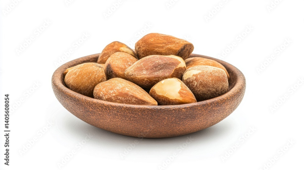 Obraz premium Freshly Harvested Whole Nuts in Wooden Bowl on White Background