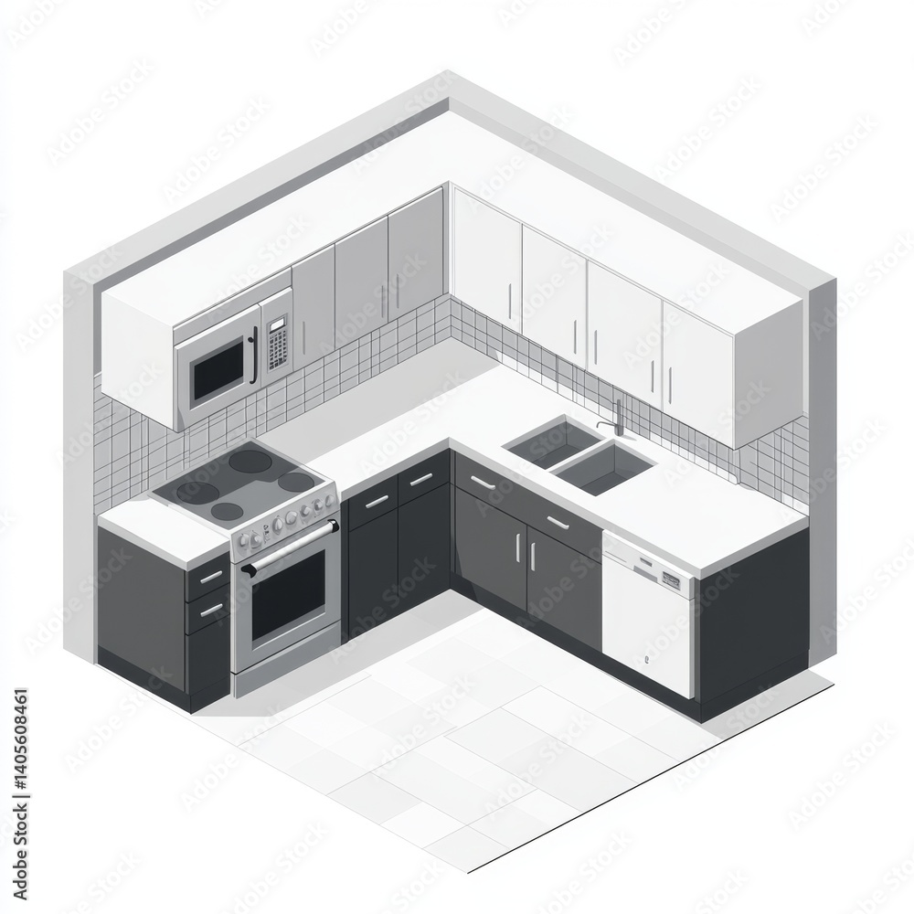 Modern corner kitchen isometric view Modern corner kitchen isometric view