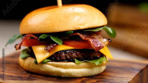 Wallpaper Mural Perfect classic American cheeseburger with melted cheese, crispy bacon, fresh tomato, and crisp lettuce — roasted and captured in a mouthwatering video with selective focus. Torontodigital.ca