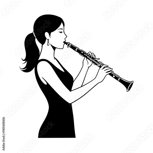 Clarinet Melodies:  A graceful silhouette of a woman playing clarinet,  capturing the artistry and passion of music.  A timeless image that evokes a sense of elegance and musical expression.