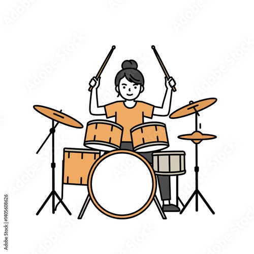 Energetic Drummer:  A joyful illustration of a female drummer confidently rocking out on her drum set, with a determined expression and vibrant energy. 